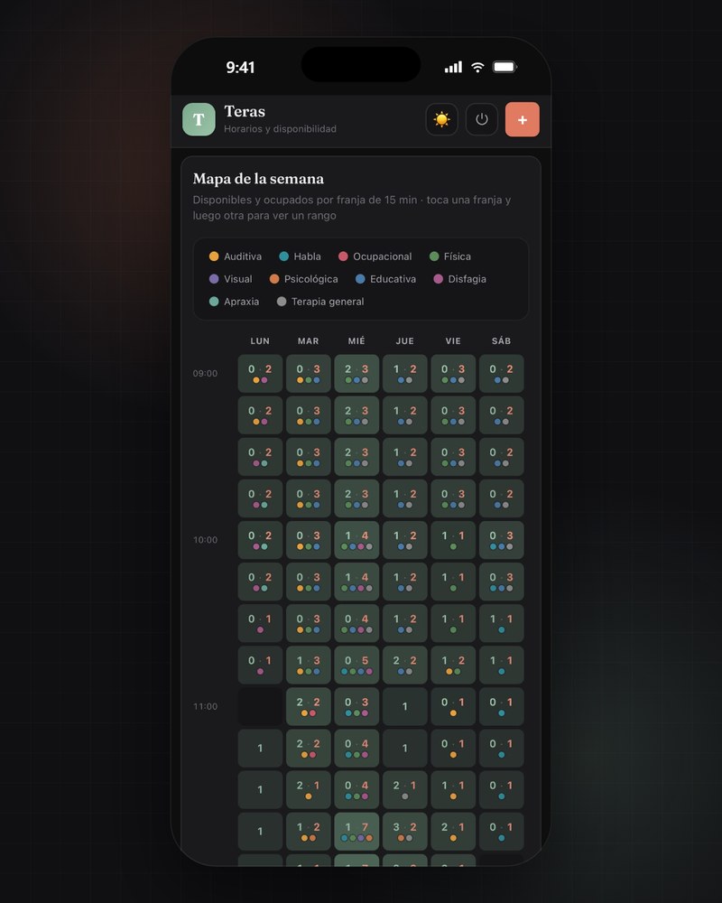 Teras for Brain - Mapa semanal de disponibilidad por franjas de 15 minutos